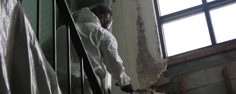 Mold remediation worker in protective suit and mask